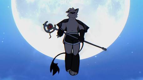 anthro arm_warmers armwear bottomwear cape clothing floating front_view holding_object holding_staff leg_warmers legwear looking_at_viewer male moon narrowed_eyes navel night shorts sky smile solo staff star starry_sky tail tail_tuft thin_tail tuft yellow_sclera rygel_spkb frieren_beyond_journey's_end yoby_(rygel_spkb) canid canine gerbil hybrid mammal murid rodent 2025 digital_media_(artwork) hi_res
