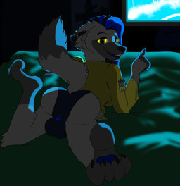 anthro balls blue_hair breasts brown_eyes butt clothed clothing fur genitals glowing glowing_eyes glowing_genitalia glowing_through_clothes glowing_vulva grey_body grey_fur hair herm intersex looking_at_viewer looking_back looking_back_at_viewer panties piercing rear_view solo underwear vulva yellow_sclera weenpeen aurelia_(weenpeen) canid canine canis mammal wolf hi_res