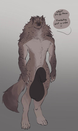 annoyed anthro balls big_balls big_penis black_balls black_penis black_sclera brown_body brown_fur dialogue fur genitals grey_body grey_fur huge_balls huge_penis male nude orange_eyes penis saggy_balls solo speech_bubble spots tail tall evil_tradesman ahtos_peltenein_(lights_in_the_darkness) hyena mammal 3:5 absurd_res hi_res