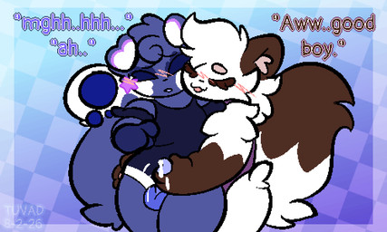 anthro blue_body blue_fur blush blush_lines bodily_fluids clothing cum curly_hair duo ejaculation female femboy fur genital_fluids hair handjob handjob_from_behind holding_leg holding_thigh licking male male/female markings neck_lick penile sex swimwear tail tail_motion tailwag text tongue white_body white_fur conditional_dnp tuvandalist blueberri_muffen_(tuvandalist) mittens_n_wool_(tuvandalist) domestic_cat felid feline felis mammal pastry_cat ragamuffin_cat scottish_fold 5:3 absurd_res animated digital_media_(artwork) hi_res pixel_(artwork) pixel_animation