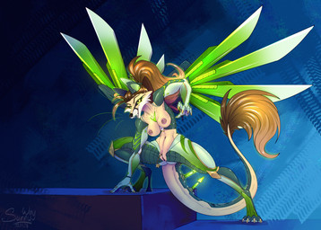 anthro augmented bell big_breasts breasts claws clitoris clitoris_piercing cybernetics fangs female genital_piercing genitals glowing heel machine nipple_piercing nipples nude open_mouth paws piercing reward smile solo tail teeth vulva wet wings sunny_way canid canine cyborg fox mammal hi_res