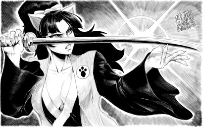 5_fingers accessory anthro asian_clothing badge big_breasts bow_ribbon breasts cleavage clothed clothing east_asian_clothing female fingers hair hair_accessory hair_bow hair_ribbon japanese_clothing katana kimono long_hair looking_away melee_weapon nails ribbons sharp_nails simple_background solo sword text weapon pltnm06ghost usagi_yojimbo tomoe_ame domestic_cat felid feline felis mammal 16:10 2026 absurd_res english_text greyscale hi_res monochrome signature widescreen