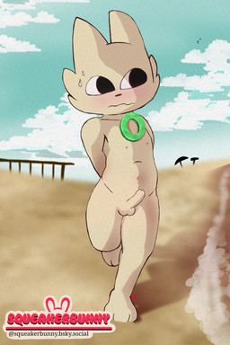 anthro beach blush clothing day detailed_background erection foreskin fur genitals humanoid_genitalia humanoid_penis male nipples nude outside penis solo speedo standing swimwear unretracted_foreskin white_body white_fur squeakerbunny nine_sols red_candle_games yi_(nine_sols) felid feline mammal solarian 2:3 absurd_res hi_res