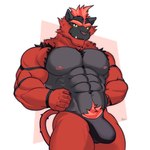 abs anthro big_pecs black_body black_fur bulge chest_tuft clothed clothing fur green_eyes grey_body grey_fur male multicolored_body muscular muscular_anthro muscular_arms muscular_male nipples pecs pink_nipples pose pubes red_body red_fur simple_background solo tail thong thong_only topless tuft underwear underwear_only yellow_sclera naistop nintendo pokemon generation_7_pokemon incineroar pokemon_(species) 1:1 2023 digital_drawing_(artwork) digital_media_(artwork) hi_res signature