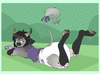 accessory ageplay ambiguous_gender anthro big_diaper black_hair black_nose blush border bow_ribbon clean_diaper clothed clothing diaper fur furgonomics green_border grey_body grey_fur hair hooves horn infantilism leg_markings looking_back lying markings on_front pacifier purple_eyes ribbons roleplay shirt simple_background smile socks_(marking) solo spots spotted_body spotted_fur tail tail_accessory tail_bow tail_ribbon tail_tuft tank_top topwear tuft wearing_diaper white_diaper bubblepuppers bovid bovine cattle mammal hi_res