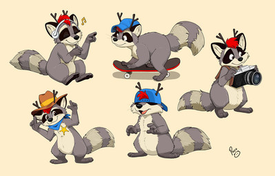 anthro antlers blue_clothing blue_hat blue_headwear brown_clothing brown_eyes brown_hat brown_headwear camera closed_smile clothing electronics fur glistening glistening_eyes grey_body grey_fur hair happy hat headgear headphones headwear holding_camera holding_object horn logo male markings mouth_closed obscured_eyes red_hair short_hair simple_background sitting skateboard smile solo standing star_badge striped_markings striped_tail stripes tail tail_markings vehicle whiskers white_body white_fur young young_anthro young_male pandapaco mammal procyonid raccoon artist_logo signature