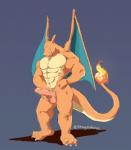 abs anthro anthrofied balls big_penis charizard claws dragon european_mythology fire generation_1_pokemon genitals grey_background humanoid_genitalia humanoid_penis male muscular muscular_anthro muscular_male mythological_creature mythological_scalie mythology nintendo nude penis pokemon pokemon_(species) scalie shinypokerus simple_background smile smirk solo tail western_dragon wings