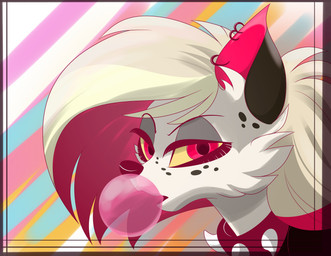 anthro blowing_bubble_gum bubble bubble_gum candy collar dessert ear_piercing ear_ring female food freckles fur gum hair inflating multicolored_hair pattern_background piercing pink_eyes pink_hair pink_inner_ear ring_piercing semi-anthro simple_background solo spiked_collar spikes striped_background two_tone_hair white_body white_fur white_hair yellow_sclera drawingforthesun hazbin_hotel hellaverse mythology zoophobia crymini_(hazbin_hotel) canid canid_demon canine demon hellhound mammal mythological_canine mythological_creature absurd_res hi_res
