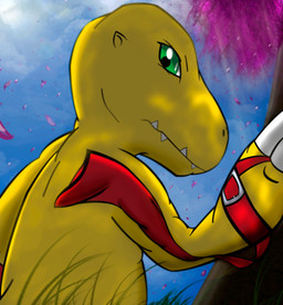 belt biped blue_sky claws cloud day finger_claws grass green_eyes looking_at_viewer looking_back looking_back_at_viewer male outside plant red_belt scales sharp_teeth sky snout solo teeth yellow_body yellow_scales meraence bandai_namco digimon agumon digimon_(species) dinosaur prehistoric_species reptile scalie 2011 absurd_res digital_media_(artwork) hi_res