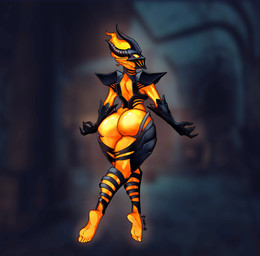 armor big_butt black_armor butt feet female fire fire_body humanoid_pointy_ears looking_at_viewer looking_back looking_back_at_viewer mask orange_body pointy_ears rear_view shoulder_pads solo thick_thighs wide_hips yellow_eyes sindio microsoft the_elder_scrolls elemental_creature elemental_humanoid fire_creature fire_humanoid flame_atronach humanoid absurd_res hi_res