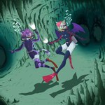 anthro bubble cave clothing diving diving_mask diving_suit diving_weights double_hose duo female flashlight gloves hair handwear legwear leotard male mask purple_hair red_hair scuba stockings underwater water wings kyriepoda ashley_the_cat marie_the_bat domestic_cat felid feline felis mammal 1:1 hi_res