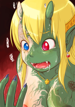 blonde_hair blue_eyes bodily_fluids breasts drooling ear_piercing female green_body hair heterochromia horn humanoid_pointy_ears interrobang jewelry mid_transformation open_mouth pendant piercing pointy_ears red_eyes saliva sharp_teeth solo surprised tears teeth transformation goliathdh human humanoid mammal 2020 hi_res