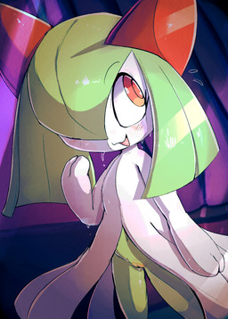 biped blush body_blush bottomless bottomless_female clothed clothing dress female front_view genitals green_body green_hair green_skin hair not_furry open_mouth open_smile plump_labia red_eyes smile solo standing vulva vulva_blush white_body white_skin young young_female lodetail nintendo pokemon generation_3_pokemon humanoid kirlia pokemon_(species) 2025 digital_media_(artwork) hi_res shaded
