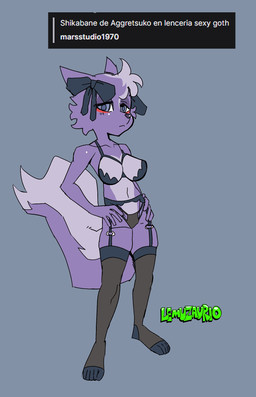 anthro black_bow blue_eyes breasts clothing eyelashes female front_view fur grey_background hand_on_hip head_tuft legwear lingerie looking_at_viewer navel purple_body purple_fur purple_nose simple_background solo stockings tuft oiruazumel aggretsuko sanrio shikabane_(aggretsuko) mammal mephitid skunk hi_res