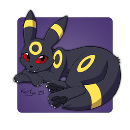 chin_on_paw claws facial_markings female feral fluffy fluffy_tail forehead_markings head_markings looking_at_viewer lying markings on_side pawpads protruding_teeth purple_background red_eyes ring_(marking) simple_background smile smiling_at_viewer solo tail white_background kerilyn nintendo pokemon eeveelution generation_2_pokemon pokemon_(species) umbreon 1:1 2025 hi_res signature