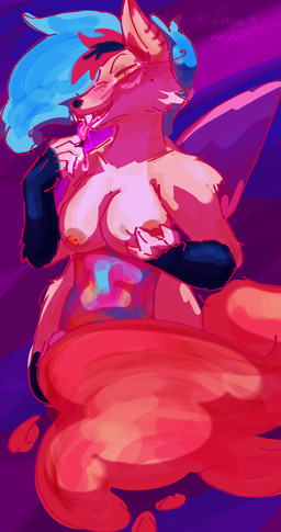 anthro bodily_fluids breast_grab breast_squish breasts drooling female hand_on_breast heart_eyes heart_symbol insect_wings licking licking_lips nipples pseudo_hair saliva saliva_string solo squish tongue tongue_out wings lunar_angel hellaverse helluva_boss queen_bee-lzebub_(helluva_boss) arthropod bee canid canine canine_demon fox hybrid hymenopteran insect mammal hi_res