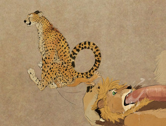 ambiguous_gender big_dom_small_sub black_nose bodily_fluids brown_body brown_fur claws close-up dominant duo erection eyes_closed fangs fellatio feral feral_on_feral feral_penetrated feral_penetrating feral_penetrating_feral fur genitals green_eyes male markings oral oral_penetration penetration penile penis penis_in_mouth saliva saliva_on_penis sex simple_background sitting sitting_on_another size_difference size_play spots spotted_body spotted_fur sucking tail teeth wide_eyed anklechain_(artist) cheetah felid feline lion mammal pantherine 2017