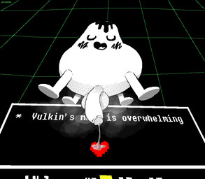 balls big_penis blush bodily_fluids dialogue_box eyes_closed foreskin gameplay_mechanics genital_fluids genitals geometric_background glans grid_background gui half-erect happy health_bar heart_symbol humanoid_genitalia humanoid_penis leaking_precum low-angle_view male musk musk_cloud musky_penis narration open_mouth open_smile pattern_background penis precum precum_string quadruped simple_background smile solo text tongue volcano pincoosh undertale undertale_(series) vulkin soul_(undertale) waddling_head digital_media_(artwork) dithering english_text hi_res signature