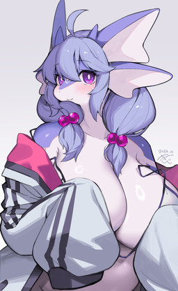 accessory anthro big_breasts bikini bikini_top blush breasts clothed clothing ear_fins eyebrow_through_hair eyebrows female fin hair hair_accessory hairband hand_on_breast hand_on_chest jacket kemono long_hair long_sleeves looking_at_viewer multicolored_body non-mammal_breasts oversized_clothing purple_body purple_eyes purple_hair purple_hairband simple_background smile smiling_at_viewer solo swimwear topwear translucent translucent_hair two-piece_swimsuit two_tone_body undressing white_background kishibe mythology aruri aquatic aquatic_dragon dragon mythological_creature mythological_scalie scalie 2024 digital_media_(artwork) hi_res portrait signature three-quarter_portrait
