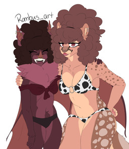 afro animal_print animal_print_bikini anthro bikini blush blush_lines body_hair breasts clothing cow_print cow_print_bikini duo eyelashes female female/female happy_trail lipstick long_eyelashes makeup o-ring pattern_bikini pattern_clothing pattern_swimwear pawpads paws piercing pube_peek pubes spots spotted_arms spotted_clothing spotted_hips spotted_legs spotted_shoulders spotted_thighs swimwear two-piece_swimsuit wings rombus_art raven_(rombus_art) raya_(rombus_art) bat cheetah felid feline mammal hi_res trans_(lore) trans_woman_(lore)