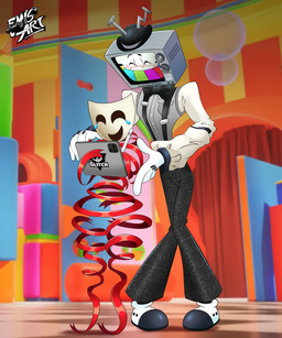 blush bodily_fluids bottomwear bow_tie clothed clothing cybernetics digital_pen drawing_tablet duo electronics female footwear for_a_head gloves hand_on_shoulder handwear hat headgear headwear interspecies larger_male logo machine male male/female mask overalls pants pattern_clothing ribbons screen screen_face shoes size_difference smile teardrop tears television thick_thighs top_hat topwear tv_antenna vest emisart55 glitch_productions smg4 the_amazing_digital_circus gangle_(tadc) mr._puzzles cyborg fabric_creature humanoid object_head screen_head tv_head absurd_res crossover hi_res story story_in_description watermark