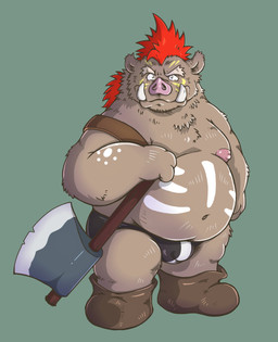 anthro axe belly big_belly brown_body brown_fur bulge clothing fur hair kemono male moobs navel nipples overweight overweight_male red_hair simple_background solo standing tattoo underwear naniwashintaro mammal suid suine sus_(pig) wild_boar 2025 hi_res