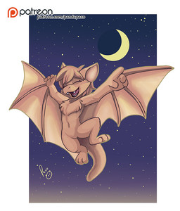 anthro brown_body brown_fur brown_hair brown_wings eyes_closed fangs featureless_crotch female front_view fur hair logo membrane_(anatomy) membranous_wings moon nude open_mouth open_smile short_hair smile solo star teeth wings young young_anthro young_female pandapaco dust:_an_elysian_tail nyara_(dasaki) bat mammal nimbat artist_logo signature
