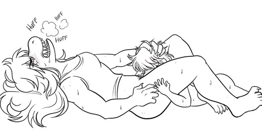 ambiguous_gender ambiguous_human anthro bangs belly blush blush_lines bodily_fluids bottomless bottomless_anthro bottomless_female breath butt cartoon_freckles claws clothed clothing cunnilingus duo ear_piercing ear_ring eyes_mostly_closed female female/ambiguous female_anthro finger_claws freckled_butt freckled_face freckled_legs freckled_shoulders freckles hair hair_grab hair_over_eyes hand_on_leg hand_on_thigh human_on_anthro interspecies leg_grab long_bangs long_hair lying messy_hair narrowed_eyes nude_ambiguous nude_human obscured_eyes on_back on_front open_mouth oral panting piercing pubes ring_piercing sex sharp_fingers sharp_teeth shirt simple_background sweat sweaty_arms sweaty_belly sweaty_butt sweaty_face sweaty_legs tank_top teeth toe_claws topwear topwear_only touching_hair vaginal spicychoccy deltarune undertale_(series) kris_dreemurr susie_(deltarune) human mammal reptile scalie digital_media_(artwork) hi_res monochrome spot_color