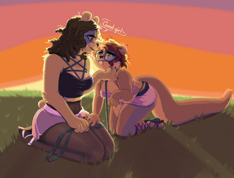 anthro anthro_on_anthro bottomwear breasts brown_body brown_fur brown_hair clothing dialogue duo eyewear female female/female footwear fur glasses grass hair heart_symbol holding_leash holding_object kneeling leash looking_up nipple_outline outside pet_praise plant praise sandals shoes shorts skirt smile sunset tail text tongue tongue_out topwear tube_top cinnamimi ally_(allytheotter) samantha_(cinnamimi) bear mammal mustelid otter 2025 absurd_res digital_media_(artwork) english_text hi_res trans_(lore) trans_woman_(lore)