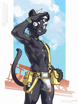 abs adolescent anthro areola athletic athletic_anthro athletic_male ball_slip balls belt belt_buckle biceps biped black_body black_fur black_nose blue_sky buckle bulge clothing detailed_bulge eyebrows fingernails fingers foreskin fur genital_outline genitals grin hair jockstrap kemono long_tail looking_at_viewer male male_anthro melanistic muscular muscular_young nails navel nipples outside pecs penis penis_outline pose purple_areola purple_nipples short_hair sky smile solo tail tool_belt translucent translucent_clothing underwear white_clothing white_eyebrows white_hair white_jockstrap white_underwear wristband young young_anthro young_male booiaher raven_(booiaher) felid leopard mammal pantherine 2026