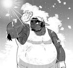 beach clothed clothing cloud facial_hair gloves goatee handwear hat headgear headwear horn male musclegut muscular muscular_male outside seaside shirt solo sun tank_top topwear moku_nameko lifewonders tokyo_afterschool_summoners tetsuox_(tas) animal_humanoid bovid bovid_humanoid horned_humanoid humanoid mammal mammal_humanoid absurd_res hi_res monochrome