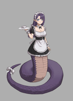 accessory apode apron black_clothing black_dress black_ribbon blue_eyes breasts cleavage clothed clothed_female clothing collar container cup dress female frilly frilly_clothing furgonomics grey_background hair holding_object holding_plate legless long_hair maid_headdress maid_uniform plate pointy_ears pupils purple_body purple_hair purple_scales ribbons scales serpentine simple_background slit_pupils solo split_form tail tail_accessory tail_ribbon tea_cup uniform white_apron white_clothing white_collar white_ribbon shengxiu_de_pige draconcopode lamia reptile scalie snake absurd_res hi_res