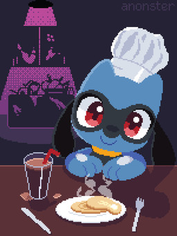 3_fingers anthro candy chef_hat chocolate chocolate_milk clothing container cup cutlery dessert facial_markings fingers flavored_milk food glass glass_container glass_cup hat head_markings headgear headwear kitchen kitchen_utensils markings mask_(marking) messy_room milk pancake plate red_eyes solo spork tools anonster nintendo pokemon generation_4_pokemon pokemon_(species) riolu 3:4