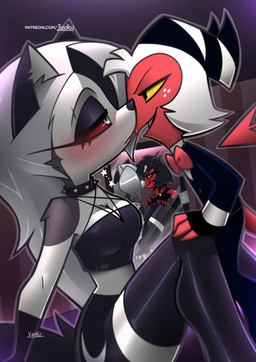 about_to_kiss altered_reflection anthro bangs bedroom_eyes black_bottomwear black_clothing black_collar black_eyeshadow black_hair black_legwear black_shorts black_thigh_highs blush blush_lines bottomwear bow_tie breasts cartoon_freckles cleavage clothed clothing collar disguise duo eye_contact eyelashes eyeshadow facial_tuft female female/female fingerless_gloves footless_thigh_highs freckled_face freckles fur glistening_eyelids gloves grey_body grey_fur grey_hair hair hand_on_leg handwear horn imminent_kiss legwear long_eyelashes looking_at_another makeup male medium_breasts mirror multicolored_body multicolored_fur narrowed_eyes open_mouth red_body red_sclera reflection seductive shorts small_waist spiked_collar spikes suit thigh_highs tuft two_tone_body two_tone_fur white_body white_eyes white_fur white_hair yellow_sclera jizoku hellaverse helluva_boss mythology loona_(helluva_boss) millie_(helluva_boss) moxxie_(helluva_boss) canid canid_demon canine demon hellhound imp mammal mythological_canine mythological_creature absurd_res hi_res