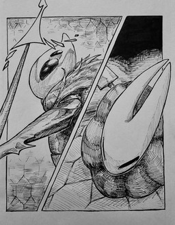 2_horns ambiguous_gender anthro black_eyes cloak clothed clothing duo holding_melee_weapon holding_object holding_weapon horn melee_weapon multi_eye neck_tuft text tuft weapon sharpski hollow_knight_(franchise) inktober team_cherry hornet_(hollow_knight) queen_vespa_(hollow_knight) arthropod bee hymenopteran insect 2025 absurd_res english_text hi_res monochrome female_(lore)