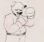 2024 after_exercise anthro bear biped bottomwear boxing_gloves clothed clothing exercise handwear hi_res male mammal monochrome p.bear peculiart shirtless_male shorts simple_background solo sun_bear tired tongue tongue_out ursine