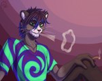 anthro black_hair blue_hair_tips fur green_eyes grey_body grey_fur hair male sitting smoke smoke_ring smoking solo tie-dye whiskers white_body white_fur sacrificabominat mammal procyonid raccoon absurd_res hi_res