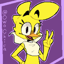 anthro beak bib female gesture hand_gesture looking_at_viewer machine smile smiling_at_viewer solo v_sign yellow_body owochica five_nights_at_freddy's scottgames chica_(fnaf) animatronic avian bird chicken galliform phasianid robot robot_anthro 1:1 2024 digital_media_(artwork) pixel_(artwork)