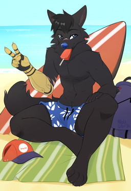 4_toes 5_fingers anthro beach biped claws clothed clothed_anthro clothed_male clothing day feet fingers front_view fur hair looking_at_viewer male navel outside sand sea sky smile solo tail toes water wolflady canid canine canis mammal wolf 2026 digital_drawing_(artwork) digital_media_(artwork) hi_res