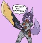 anthro armor fur great_sword_(monster_hunter) greatsword melee_weapon purple_body purple_eyes purple_fur solo sword weapon stardogdraws capcom monster_hunter purple_pup_(stardogdraws) canid canine canis mammal wolf 2_frame_animation 2d_animation animated short_playtime