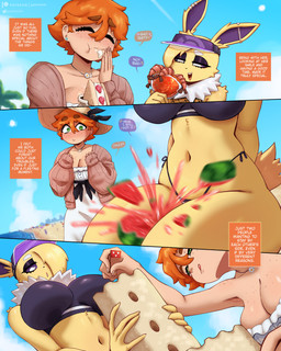 anthro blush clothing dialogue eyebrows eyes_closed female fingers food fruit green_eyes hair half-closed_eyes melon narrowed_eyes navel open_mouth outside plant sand_castle sculpture tail text thick_thighs watermelon gammainks nintendo pokemon kaminari_(gammainks) katherine_robinson_(gammainks) eeveelution generation_1_pokemon human jolteon mammal pokemon_(species) 2026 4:5 absurd_res comic digital_media_(artwork) english_text hi_res