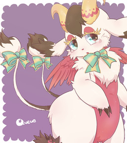 abstract_background accessory ambiguous_gender bodily_fluids bow_(feature) bow_accessory bow_ribbon feathered_wings feathers feral furgonomics heart_eyes heart_symbol horn multi_tail nervous pupils ribbons shy simple_background solo standing tail tail_accessory tail_bow tail_ribbon tears unusual_pupils wings pyonko unknown_species