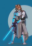 anthro armor blonde_hair blue_lightsaber clothing hair lightsaber male melee_weapon robe solo weapon adelphopoiesis star_wars luke_(contritecougar) obi-wan_kenobi cougar felid feline mammal hi_res