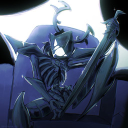 ambiguous_gender anthro antlers black_body black_hair bodily_fluids detailed_background drooling eyeless hair holding_object holding_weapon horn looking_at_viewer melee_weapon open_mouth rib_cage saliva short_hair sitting skeletal smile solo sparkles suggestive_pose sword weapon postingterminal deltarune undertale_(series) roaring_knight 1:1 2025 digital_media_(artwork) hi_res signature
