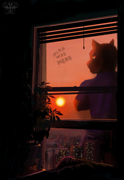 ambiguous_gender anthro biped building cheek_tuft city cityscape clothed clothing dark duo extreme_size_difference faceless_micro facial_tuft fur fur_tuft furniture glass graffiti grey_text half-closed_eyes horizon house inside light looking_away looking_back macro micro narrowed_eyes plant rear_view reflexes shadow size_difference sky sofa solo_focus standing sun sunlight sunset text tuft vase window hypermasculinity domestic_cat felid feline felis mammal 2021 absurd_res colored digital_drawing_(artwork) digital_media_(artwork) english_text hi_res shaded signature watermark