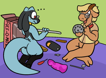ambiguous_gender anthro bodily_fluids clothing dildo duo eyewear glasses green_background horn machine male nude red_eyes screwdriver sex_toy shirt simple_background sweat text tongue tools topwear trout_(artist) nintendo pokemon bovid canid canine caprine generation_4_pokemon goat mammal pokemon_(species) riolu 2016 aliasing digital_media_(artwork)