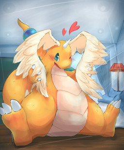 ambiguous_gender anthro blinds blue_eyes blush blush_lines claws detailed_background feathered_wings feathers front_view head_wings heart_symbol holding_wings horn inside lamp long_tail looking_at_viewer open_mouth orange_body pear-shaped_figure scales sitting smile smiling_at_viewer solo tail unusual_wing_placement ventral_scales wide_hips window wings warazi_pkmn nintendo pokemon pokemon_legends_z-a generation_9_pokemon mega_dragonite mega_evolution pokemon_(species) absurd_res digital_drawing_(artwork) digital_media_(artwork) hi_res japanese_description