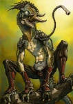 alternative_fashion crotch_plate crouching male plant solo steampunk tail tongue tree what_has_science_done wood akio_(artist) chameleon jackson's_chameleon lizard reptile scalie