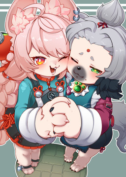3_toes ahoge anklet anthro asian_clothing barefoot bell_anklet blush braided_hair buckteeth circle_eyebrows claws clothing duo ear_piercing east_asian_clothing eyebrow_through_hair eyebrows facial_markings feet female finger_claws floppy_ears fluffy fluffy_tail fur green_eyes grey_body grey_fur hair hair_bun hand_holding head_markings inner_ear_fluff jewelry kemono looking_at_viewer markings mole_(marking) muzzle_(marking) one_eye_closed paws piercing pink_body pink_fur plantigrade red_eyes tail teeth toe_claws toes translucent translucent_hair tuft young young_anthro young_female notama mihoyo zenless_zone_zero cairn_(zenless_zone_zero) zhao_(zenless_zone_zero) canid canine canis domestic_dog lagomorph leporid mammal pekingese rabbit toy_dog absurd_res hi_res adult_(lore)