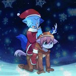 anthro blue_body blue_fur christmas_clothing christmas_headwear clothing deer_costume detailed_background duo fur green_eyes hat headgear headwear holding_horn holidays horn looking_forward male male/male open_mouth pink_body pink_fur santa_hat sitting_on_back smile snow snowing young young_anthro young_male young_on_young hazumazu christmas haziq_(hazumazu) naz_namaki_(cynxie) domestic_cat felid feline felis mammal 1:1 2021 hi_res